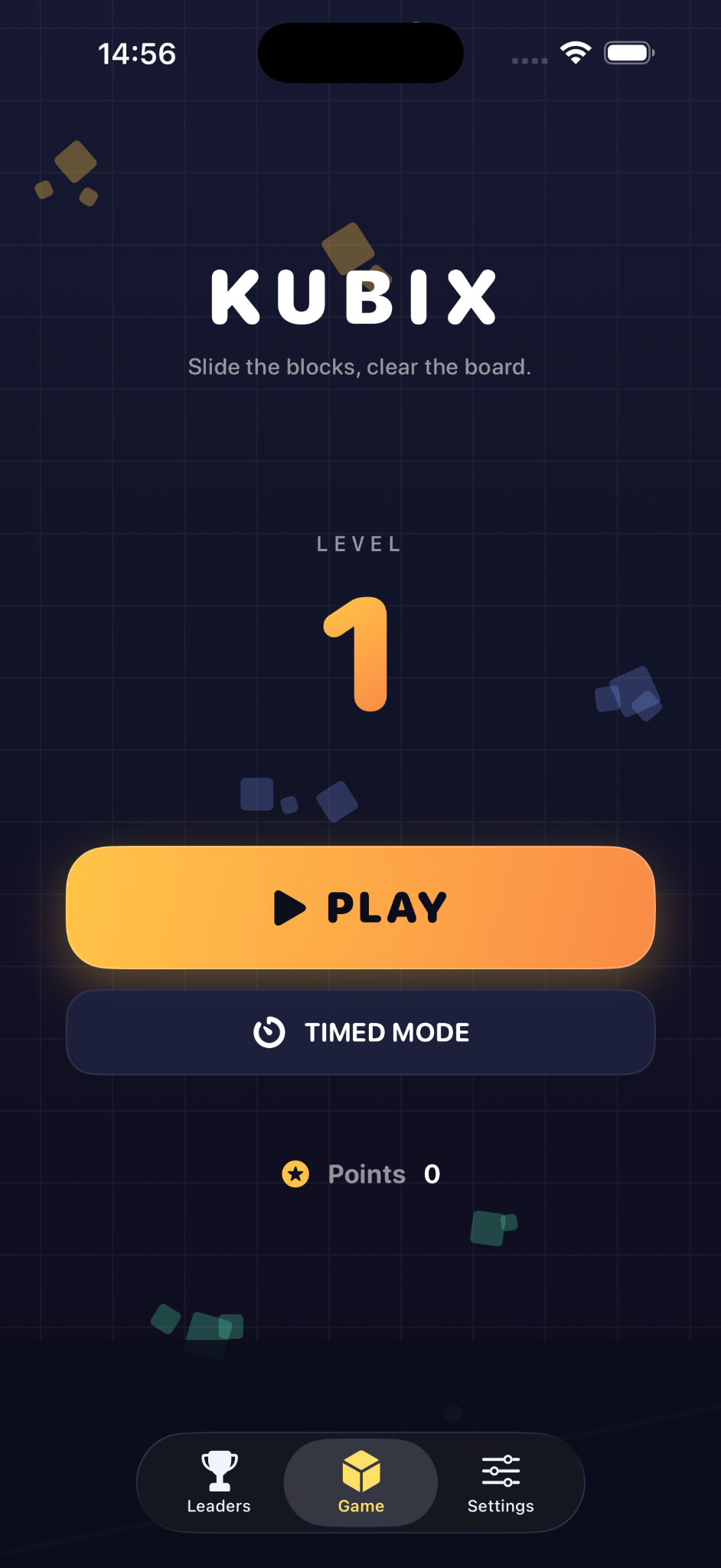 Kubix home screen with Play and Timed Mode buttons
