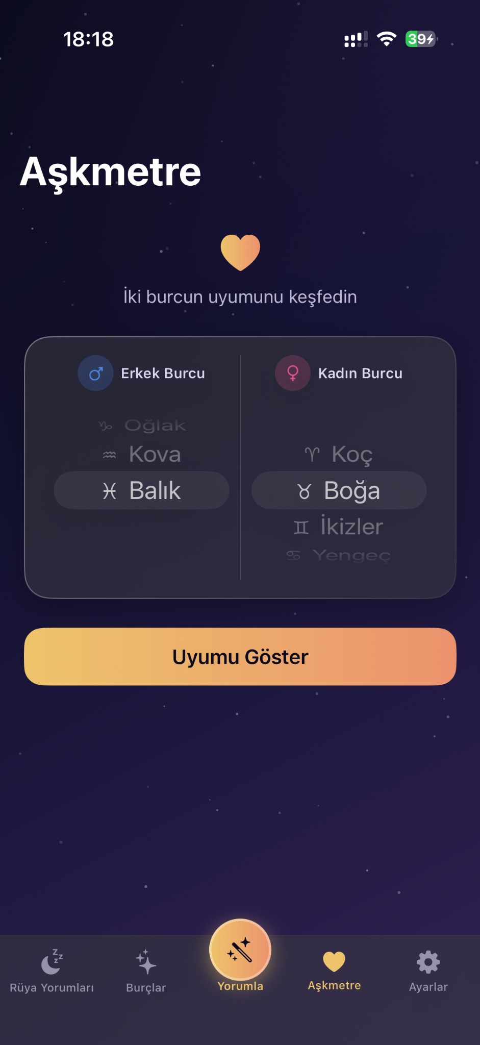 Aşkmetre ekranı